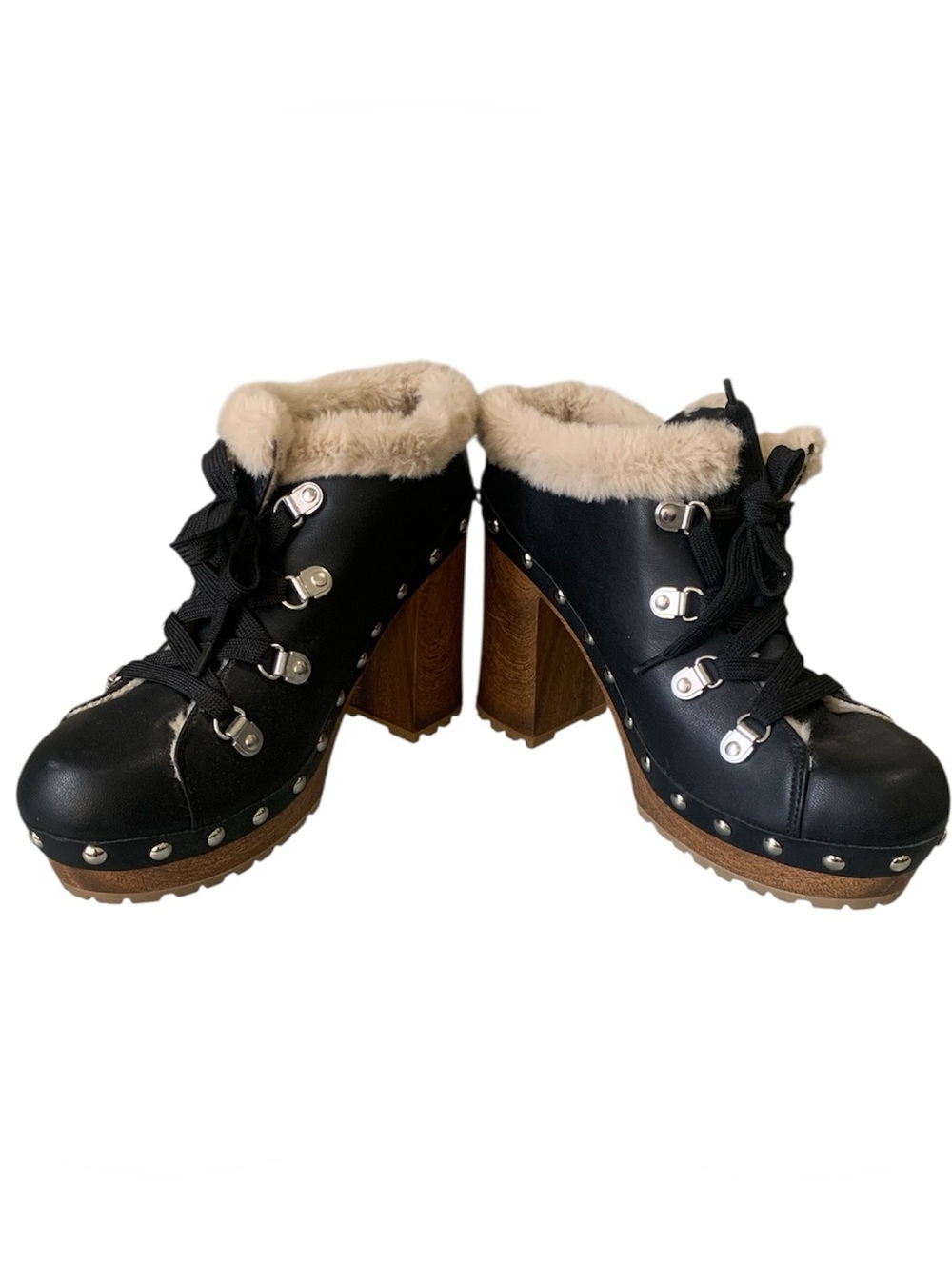 Guess Black Damery Studded Faux Leather Chunky Platform Clog Lace Up Booties